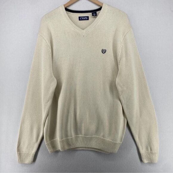 CHAPS 90s Unisex XXL V-Neck Ribbed Trim Jumper Stretch Pullover Cotton - Picture 1 of 7